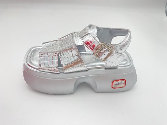 Women summer silver thick soled sandals with metal button genuine leather comfort