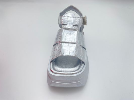 Women summer silver thick soled sandals with metal button genuine leather comfort