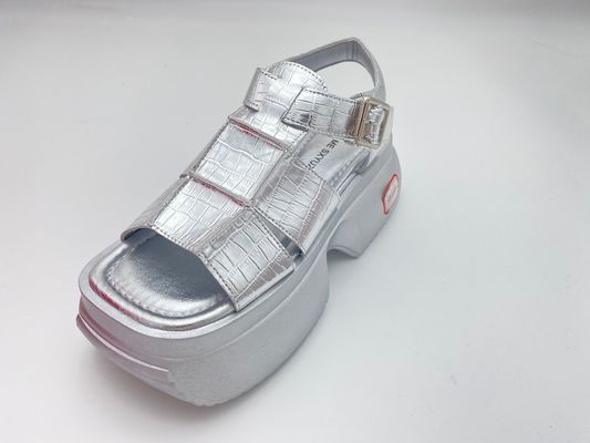 Women summer silver thick soled sandals with metal button genuine leather comfort