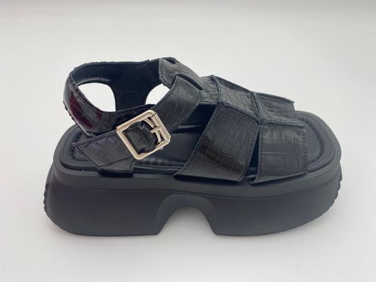 Women summer black thick soled sandals with metal button genuine leather summer