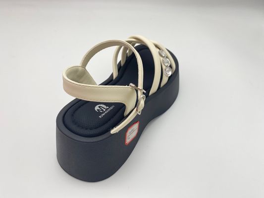 Women white bottomed sandals with rhinestone with pure color and genuine leather