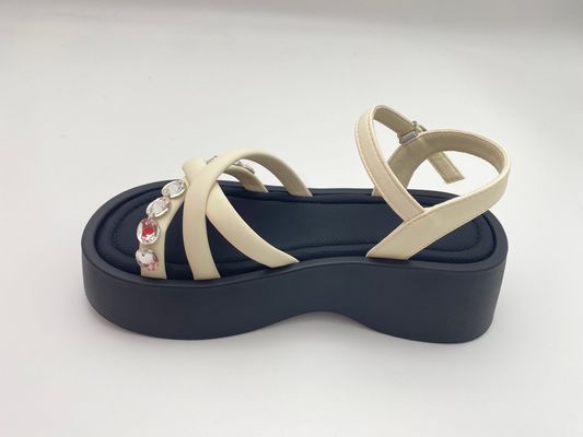 Women white bottomed sandals with rhinestone with pure color and genuine leather