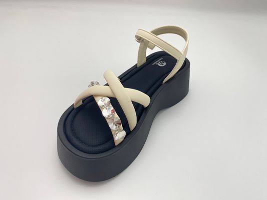 Women white bottomed sandals with rhinestone with pure color and genuine leather