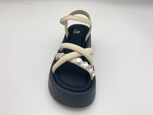Women white bottomed sandals with rhinestone with pure color and genuine leather