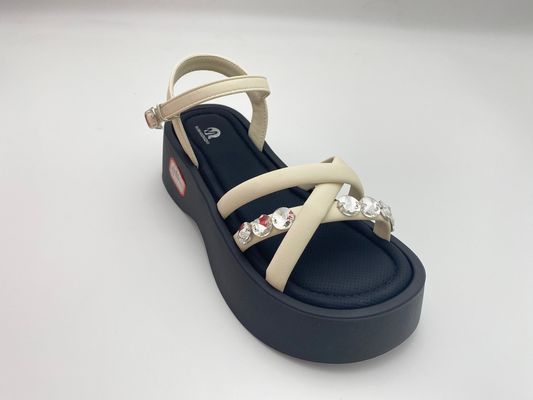 Women white bottomed sandals with rhinestone with pure color and genuine leather