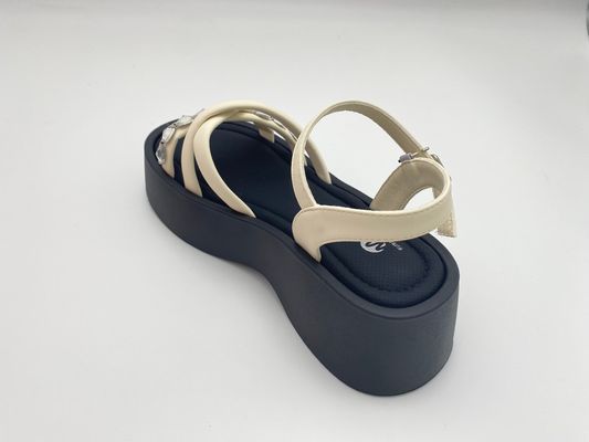 Women white bottomed sandals with rhinestone with pure color and genuine leather