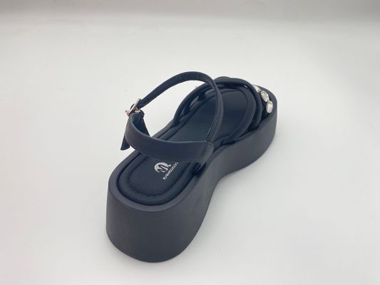 Women black bottomed sandals with rhinestone genuine leather in summer