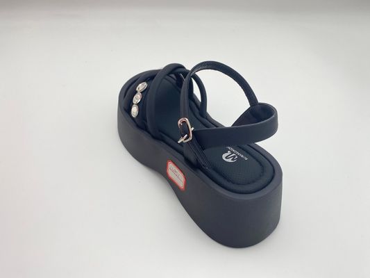 Women black bottomed sandals with rhinestone genuine leather in summer