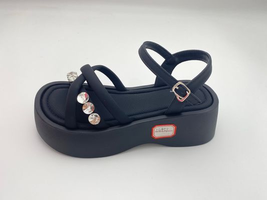 Women black bottomed sandals with rhinestone genuine leather in summer