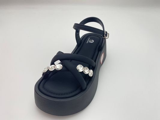 Women black bottomed sandals with rhinestone genuine leather in summer