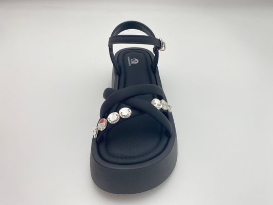 Women black bottomed sandals with rhinestone genuine leather in summer