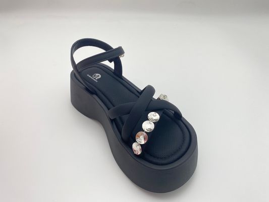 Women black bottomed sandals with rhinestone genuine leather in summer