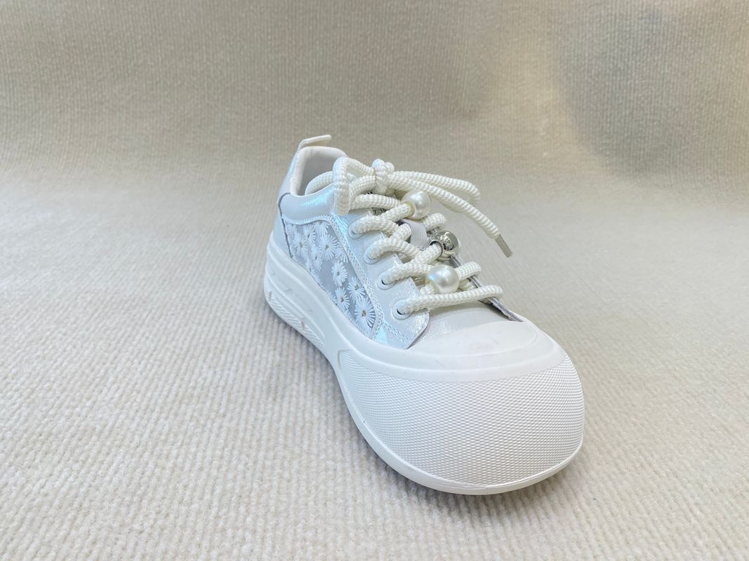 Heightening Sneakers PU White Leather Espadrilles With Pearl Flower