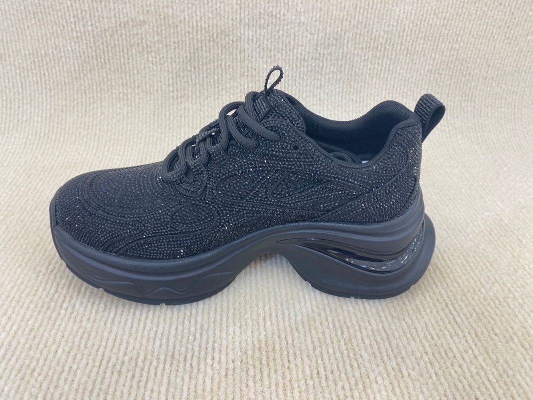 Black Ladies Bling Trainers Pigskin Insole Rhinestone Sneaker