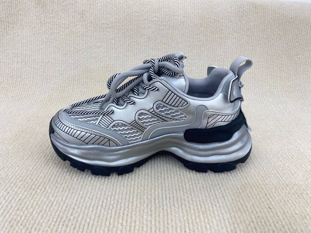 Fashion Comfort Sneakers With Mesh Upper Authentic Leather And Lacing Silver