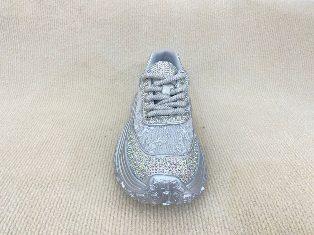 Women silver leather sneakers with bling crystal and breathable mesh upper lacing
