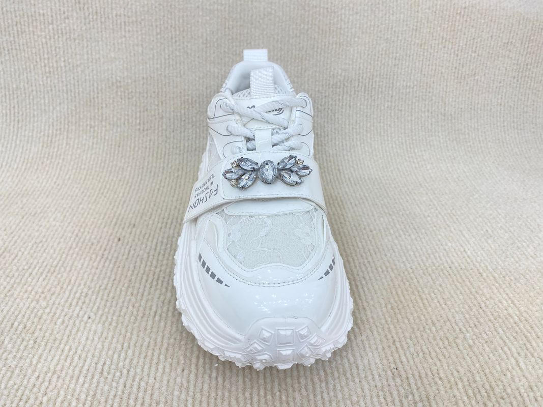 Women white flat fashion sneakers with paillette crystal breathable mesh and low cut