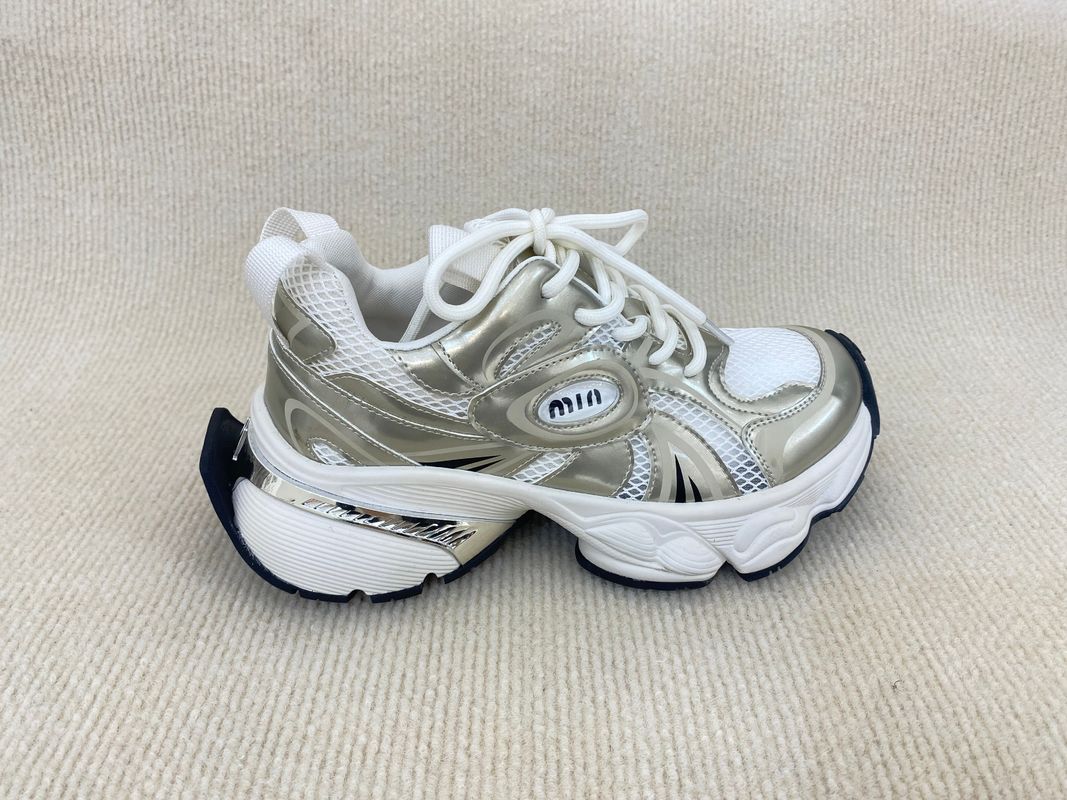 Lacing PU Gold Leather Sneakers With Script Mesh Upper Women Sneakers
