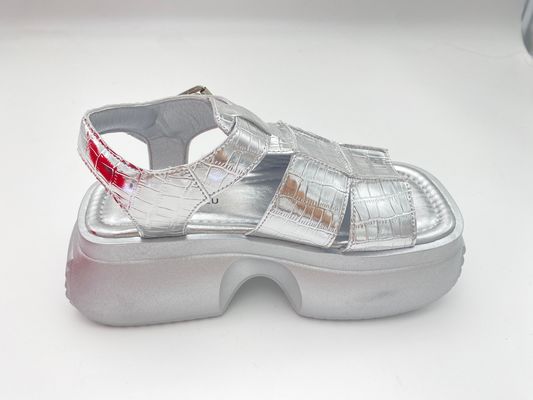 Frauen Sommer Silber Sandalen mit dicken Sohlen mit Metallknopf echtes Leder Komfort