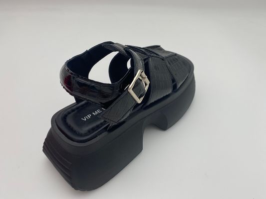 Frauen Sommer schwarze Sandalen mit dicken Sohlen mit Metallknopf Echtleder Sommer